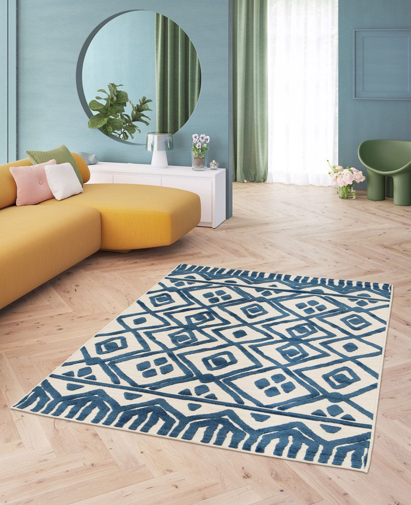 Mambo easy CarE bLUE /iVORY   INDOOR OUTDOOR FLOOR RUG