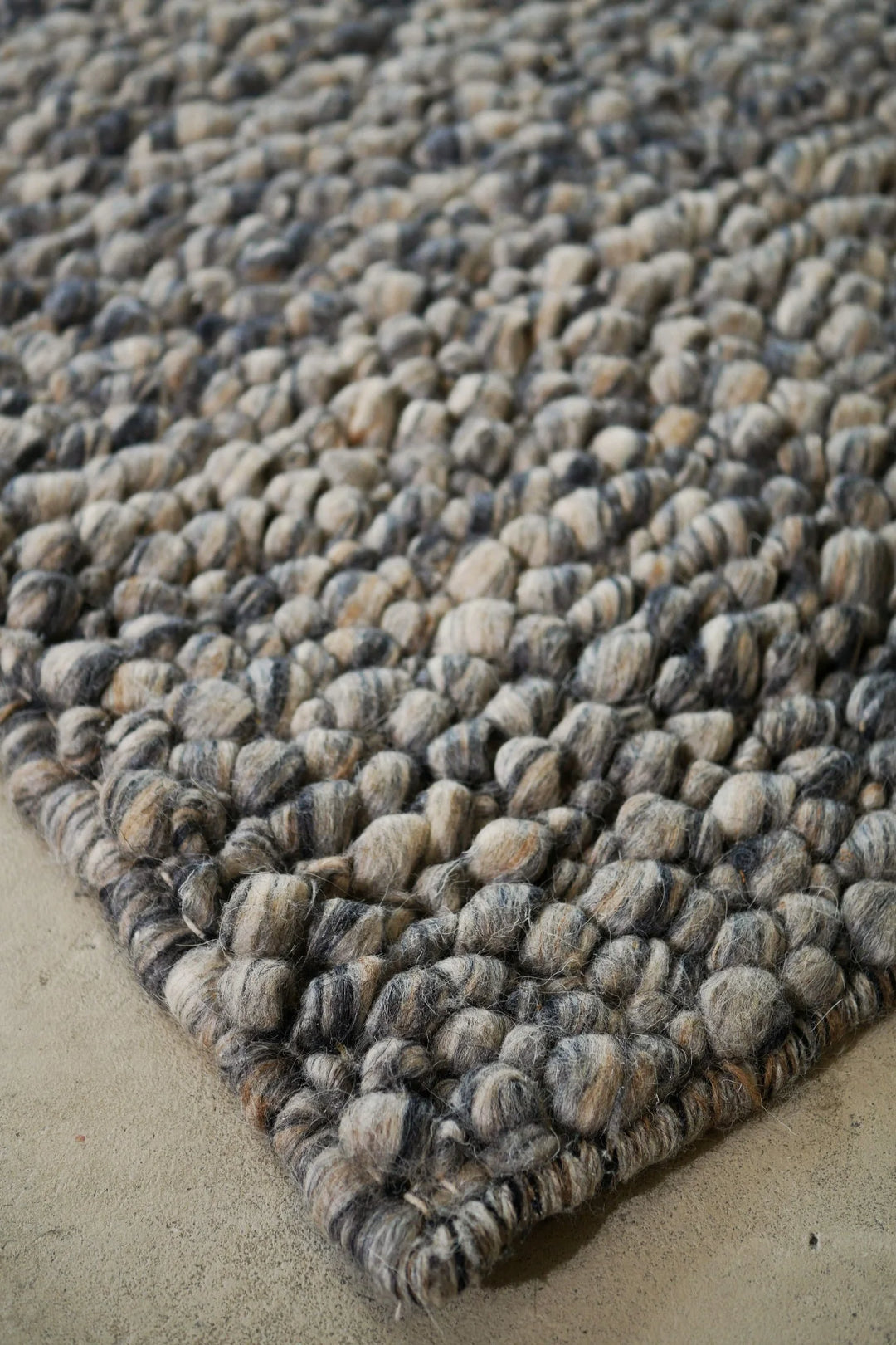 Fish Eye Pebbles Char Grey Cream Speckle Pure Wool hand woven floor rug