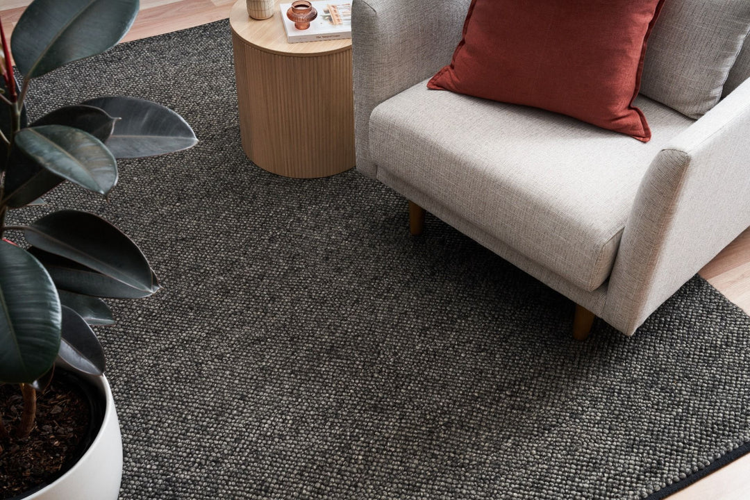 Alma Charcoal hand woven pure wool floor rug